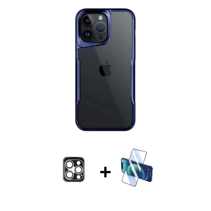 MARSİLYAN™- iPhone 16 Pro Max Kılıf Akış Çizgi Koleksiyonu - Siyah 3D Antistatik Cam Ekran Koruyucu + PVD Metal Kamera Lens - GS
