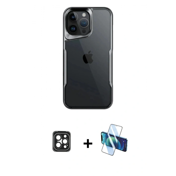 MARSİLYAN™- iPhone 16 Pro Max Kılıf Akış Çizgi Koleksiyonu - Siyah 3D Antistatik Cam Ekran Koruyucu + PVD Metal Kamera Lens - SH
