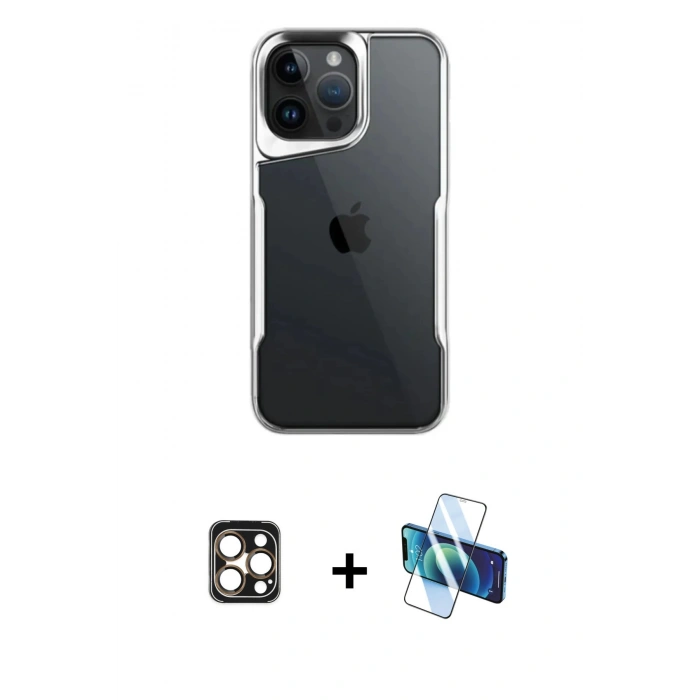 MARSİLYAN™- iPhone 16 Pro Max Kılıf Akış Çizgi Koleksiyonu - Siyah 3D Antistatik Cam Ekran Koruyucu + PVD Metal Kamera Lens - GD