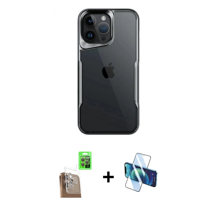 MARSİLYAN™- iPhone 16 Pro Max Kılıf Akış Çizgi Koleksiyonu - Siyah 3D Antistatik Cam Ekran Koruyucu + Raze Metal Kamera Lens - CLTM