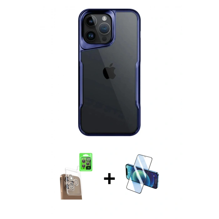 MARSİLYAN™- iPhone 16 Pro Max Kılıf Akış Çizgi Koleksiyonu - Siyah 3D Antistatik Cam Ekran Koruyucu + Raze Metal Kamera Lens - CLTM