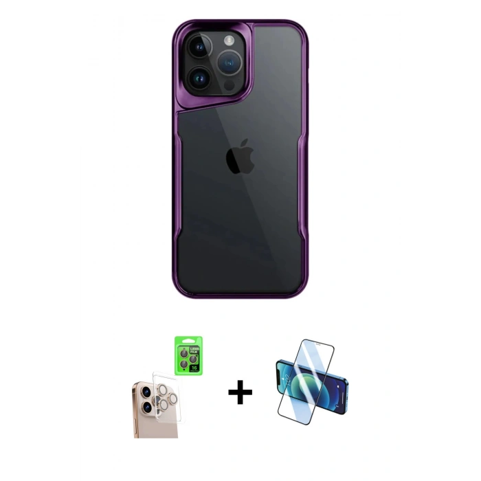 MARSİLYAN™- iPhone 16 Pro Max Kılıf Akış Çizgi Koleksiyonu - Siyah 3D Antistatik Cam Ekran Koruyucu + Raze Metal Kamera Lens - NLGY