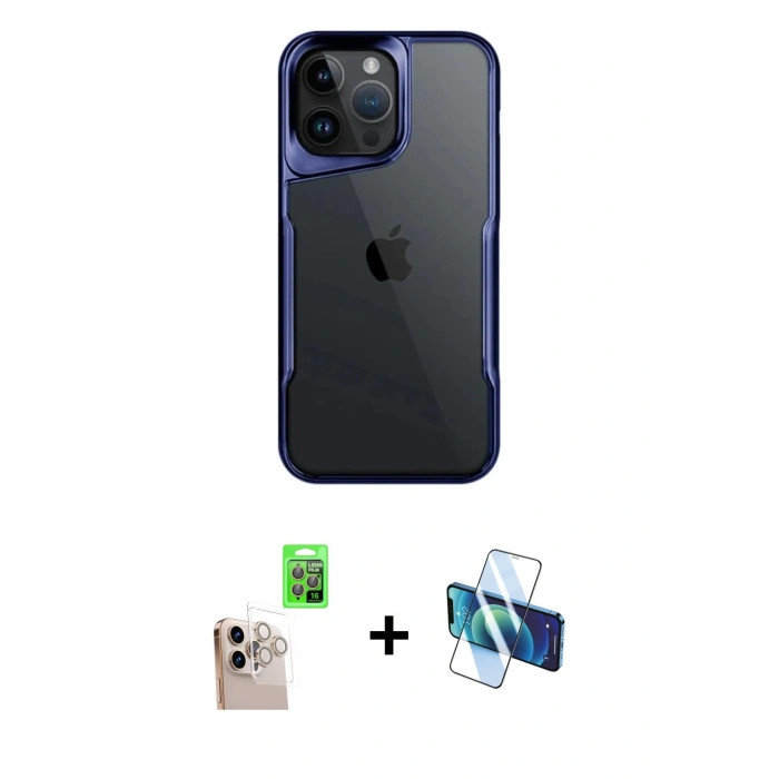 MARSİLYAN™- iPhone 16 Pro Max Kılıf Akış Çizgi Koleksiyonu - Siyah 3D Antistatik Cam Ekran Koruyucu + Raze Metal Kamera Lens - NLGY