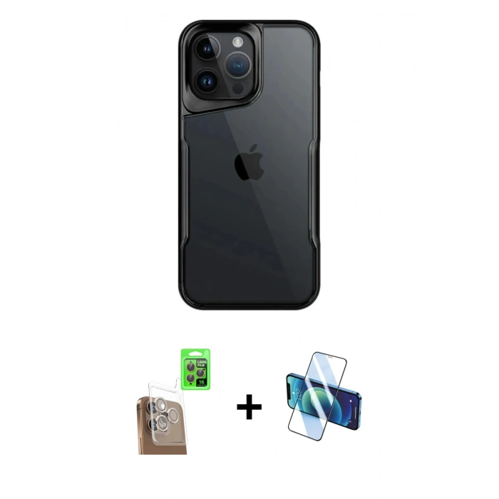 MARSİLYAN™- iPhone 16 Pro Max Kılıf Akış Çizgi Koleksiyonu - Siyah 3D Antistatik Cam Ekran Koruyucu + Raze Metal Kamera Lens - CLTM