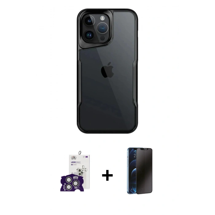 MARSİLYAN™- iPhone 16 Pro Max Kılıf Akış Çizgi Koleksiyonu - Siyah 3D Antistatik Hayalet Cam Ekran Koruyucu + Bilvis Titan Kamera Lens - GS