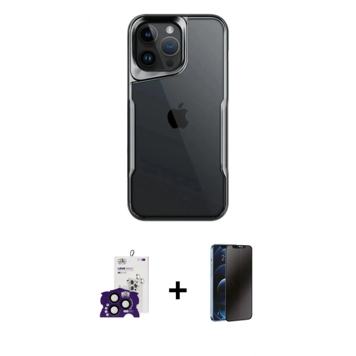 MARSİLYAN™- iPhone 16 Pro Max Kılıf Akış Çizgi Koleksiyonu - Siyah 3D Antistatik Hayalet Cam Ekran Koruyucu + Bilvis Titan Kamera Lens - SH