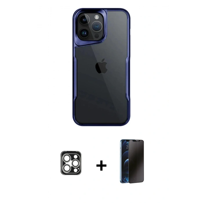 MARSİLYAN™- iPhone 16 Pro Max Kılıf Akış Çizgi Koleksiyonu - Siyah 3D Antistatik Hayalet Cam Ekran Koruyucu + PVD Metal Kamera Lens - GS