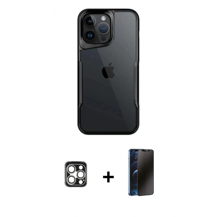 MARSİLYAN™- iPhone 16 Pro Max Kılıf Akış Çizgi Koleksiyonu - Siyah 3D Antistatik Hayalet Cam Ekran Koruyucu + PVD Metal Kamera Lens - GS