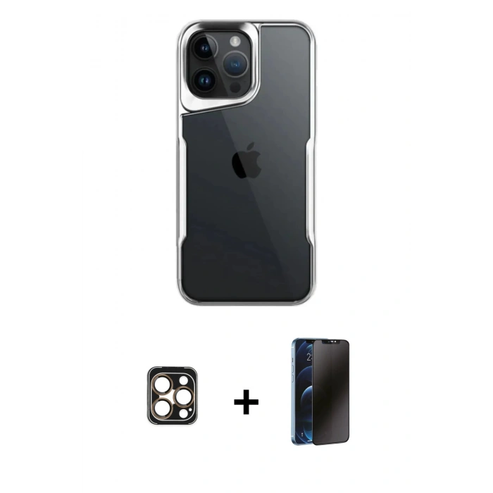 MARSİLYAN™- iPhone 16 Pro Max Kılıf Akış Çizgi Koleksiyonu - Siyah 3D Antistatik Hayalet Cam Ekran Koruyucu + PVD Metal Kamera Lens - GD
