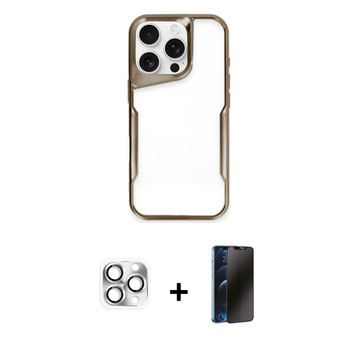 MARSİLYAN™- iPhone 16 Pro Max Kılıf Akış Çizgi Koleksiyonu - Siyah 3D Antistatik Hayalet Cam Ekran Koruyucu + Pers Alüminyum Kamera Lens - GS