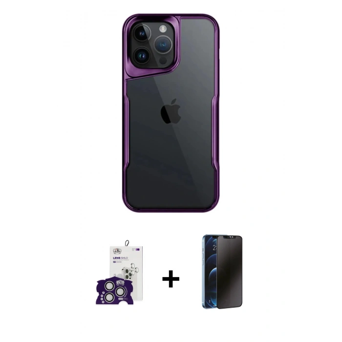 MARSİLYAN™- iPhone 16 Pro Max Kılıf Akış Çizgi Koleksiyonu - Siyah 3D Antistatik Hayalet Cam Ekran Koruyucu + Bilvis Titan Kamera Lens - GS