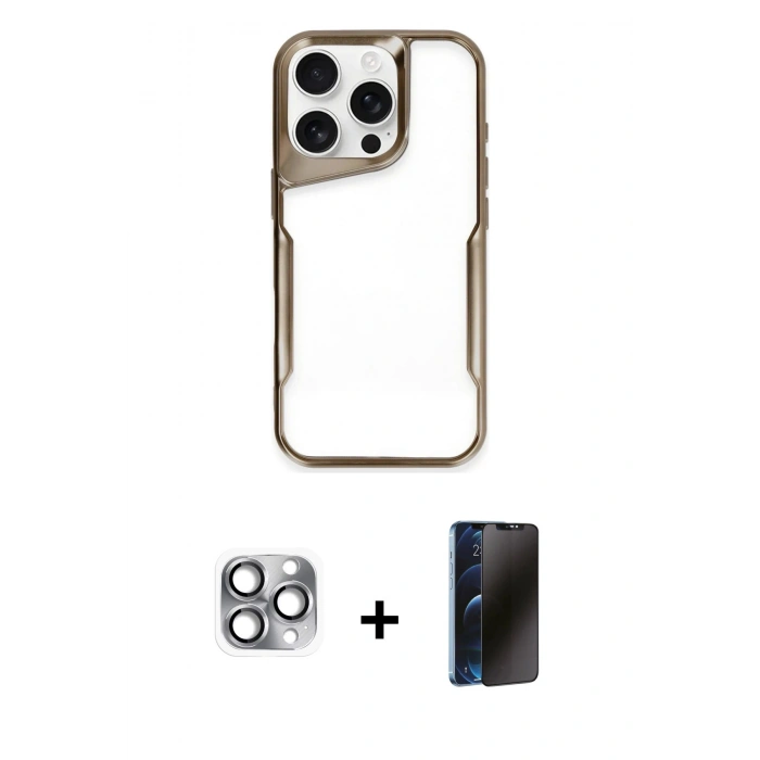 MARSİLYAN™- iPhone 16 Pro Max Kılıf Akış Çizgi Koleksiyonu - Siyah 3D Antistatik Hayalet Cam Ekran Koruyucu + Pers Alüminyum Kamera Lens - GI