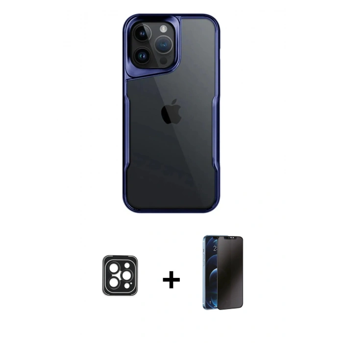 MARSİLYAN™- iPhone 16 Pro Max Kılıf Akış Çizgi Koleksiyonu - Siyah 3D Antistatik Hayalet Cam Ekran Koruyucu + PVD Metal Kamera Lens - SH