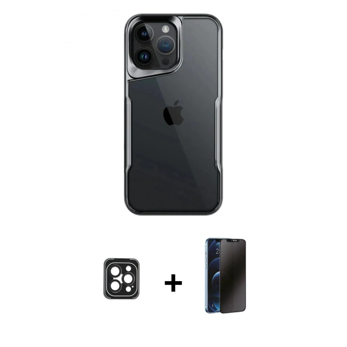 MARSİLYAN™- iPhone 16 Pro Max Kılıf Akış Çizgi Koleksiyonu - Siyah 3D Antistatik Hayalet Cam Ekran Koruyucu + PVD Metal Kamera Lens - SH