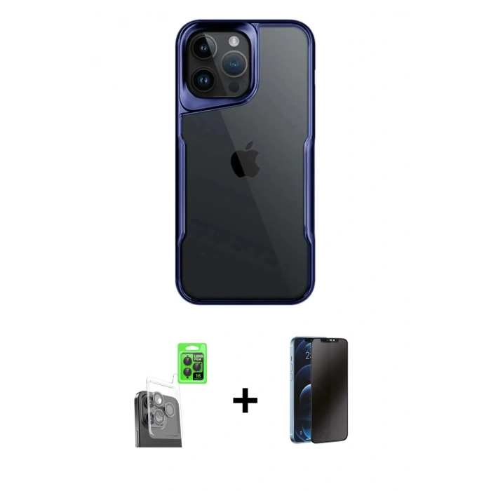 MARSİLYAN™- iPhone 16 Pro Max Kılıf Akış Çizgi Koleksiyonu - Siyah 3D Antistatik Hayalet Cam Ekran Koruyucu + Raze Metal Kamera Lens - SH