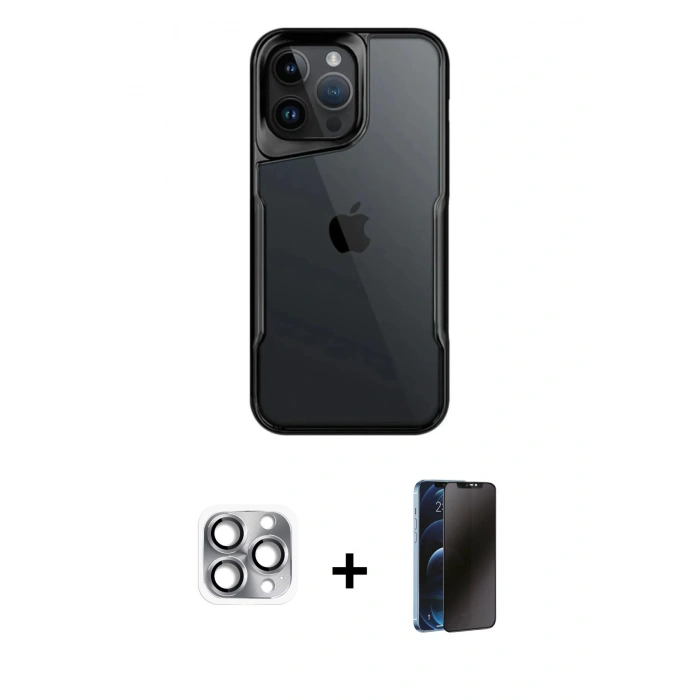 MARSİLYAN™- iPhone 16 Pro Max Kılıf Akış Çizgi Koleksiyonu - Siyah 3D Antistatik Hayalet Cam Ekran Koruyucu + Pers Alüminyum Kamera Lens - GI