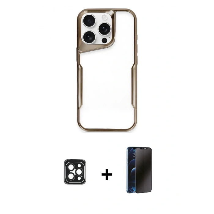 MARSİLYAN™- iPhone 16 Pro Max Kılıf Akış Çizgi Koleksiyonu - Siyah 3D Antistatik Hayalet Cam Ekran Koruyucu + PVD Metal Kamera Lens - SH