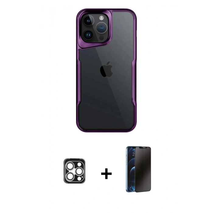 MARSİLYAN™- iPhone 16 Pro Max Kılıf Akış Çizgi Koleksiyonu - Siyah 3D Antistatik Hayalet Cam Ekran Koruyucu + PVD Metal Kamera Lens - GS