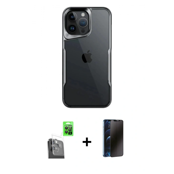 MARSİLYAN™- iPhone 16 Pro Max Kılıf Akış Çizgi Koleksiyonu - Siyah 3D Antistatik Hayalet Cam Ekran Koruyucu + Raze Metal Kamera Lens - SH