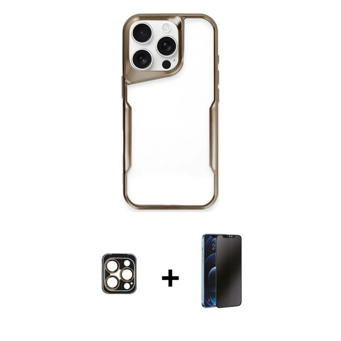 MARSİLYAN™- iPhone 16 Pro Max Kılıf Akış Çizgi Koleksiyonu - Siyah 3D Antistatik Hayalet Cam Ekran Koruyucu + PVD Metal Kamera Lens - GD