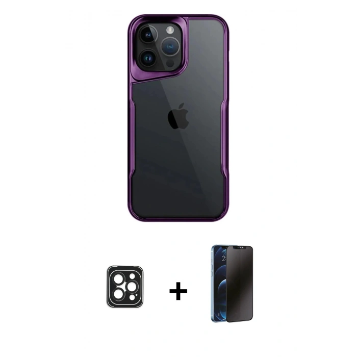 MARSİLYAN™- iPhone 16 Pro Max Kılıf Akış Çizgi Koleksiyonu - Siyah 3D Antistatik Hayalet Cam Ekran Koruyucu + PVD Metal Kamera Lens - SH