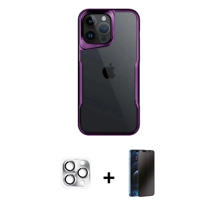 MARSİLYAN™- iPhone 16 Pro Max Kılıf Akış Çizgi Koleksiyonu - Siyah 3D Antistatik Hayalet Cam Ekran Koruyucu + Pers Alüminyum Kamera Lens - GS