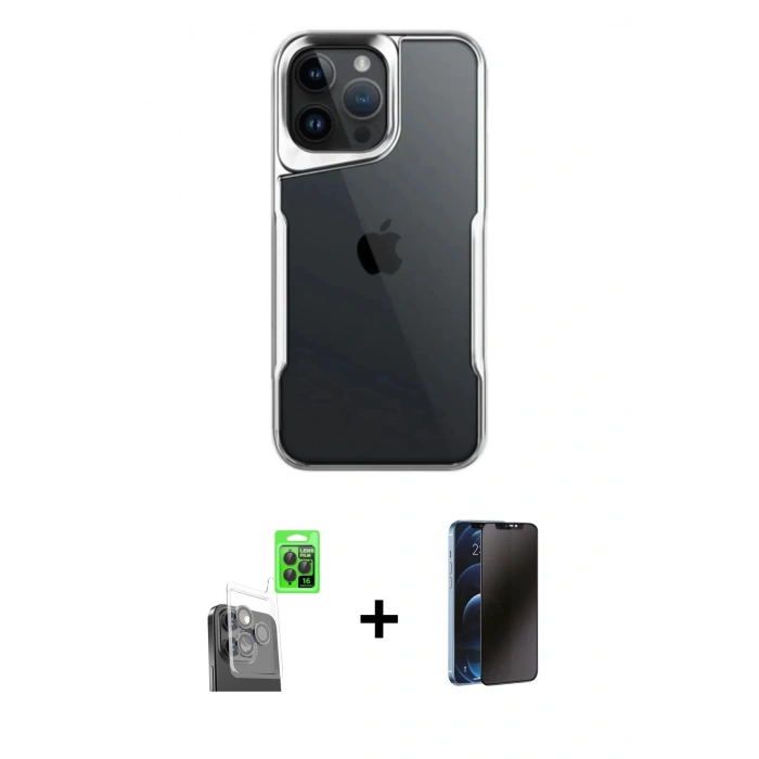 MARSİLYAN™- iPhone 16 Pro Max Kılıf Akış Çizgi Koleksiyonu - Siyah 3D Antistatik Hayalet Cam Ekran Koruyucu + Raze Metal Kamera Lens - SH