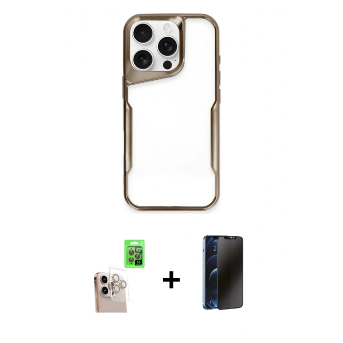 MARSİLYAN™- iPhone 16 Pro Max Kılıf Akış Çizgi Koleksiyonu - Siyah 3D Antistatik Hayalet Cam Ekran Koruyucu + Raze Metal Kamera Lens - NLGY