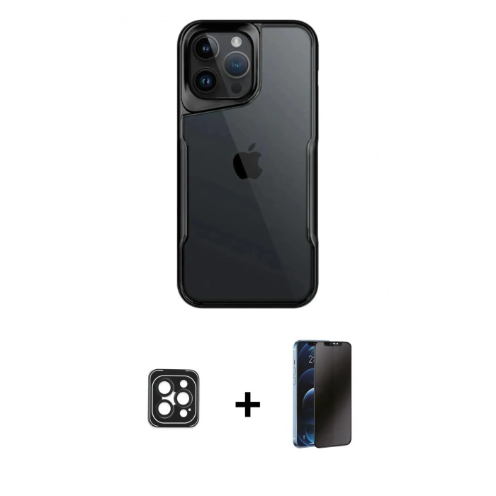 MARSİLYAN™- iPhone 16 Pro Max Kılıf Akış Çizgi Koleksiyonu - Siyah 3D Antistatik Hayalet Cam Ekran Koruyucu + PVD Metal Kamera Lens - SH
