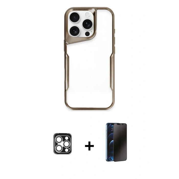 MARSİLYAN™- iPhone 16 Pro Max Kılıf Akış Çizgi Koleksiyonu - Siyah 3D Antistatik Hayalet Cam Ekran Koruyucu + PVD Metal Kamera Lens - GS