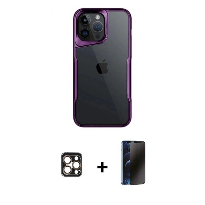 MARSİLYAN™- iPhone 16 Pro Max Kılıf Akış Çizgi Koleksiyonu - Siyah 3D Antistatik Hayalet Cam Ekran Koruyucu + PVD Metal Kamera Lens - GD