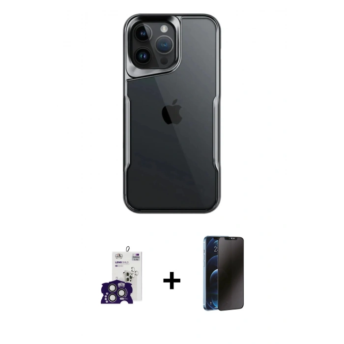MARSİLYAN™- iPhone 16 Pro Max Kılıf Akış Çizgi Koleksiyonu - Siyah 3D Antistatik Hayalet Cam Ekran Koruyucu + Bilvis Titan Kamera Lens - TMGI