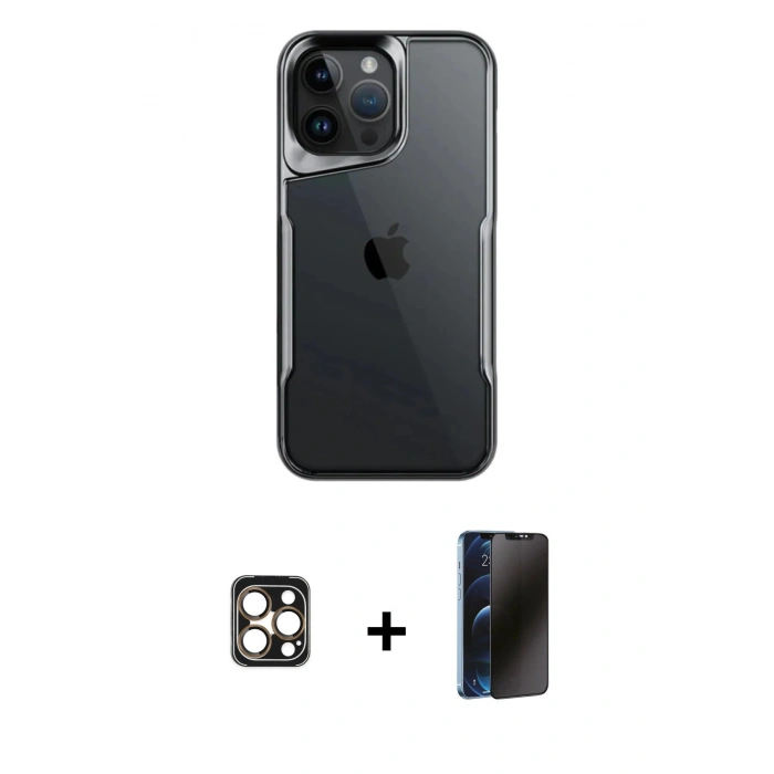 MARSİLYAN™- iPhone 16 Pro Max Kılıf Akış Çizgi Koleksiyonu - Siyah 3D Antistatik Hayalet Cam Ekran Koruyucu + PVD Metal Kamera Lens - GD