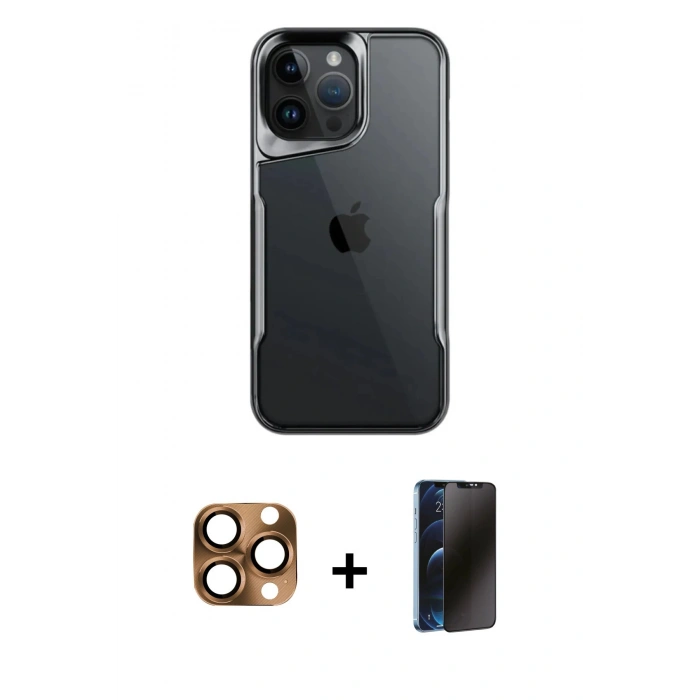 MARSİLYAN™- iPhone 16 Pro Max Kılıf Akış Çizgi Koleksiyonu - Siyah 3D Antistatik Hayalet Cam Ekran Koruyucu + Pers Alüminyum Kamera Lens - CLTM