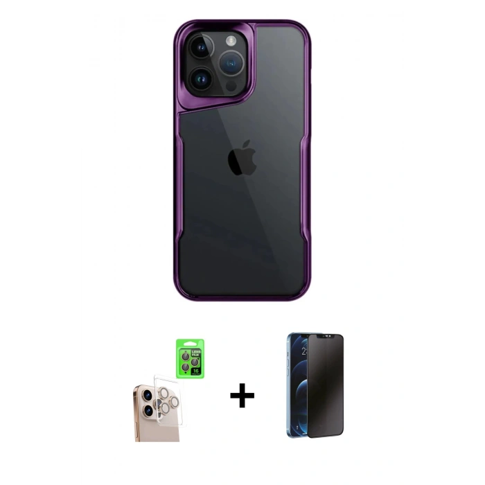 MARSİLYAN™- iPhone 16 Pro Max Kılıf Akış Çizgi Koleksiyonu - Siyah 3D Antistatik Hayalet Cam Ekran Koruyucu + Raze Metal Kamera Lens - NLGY