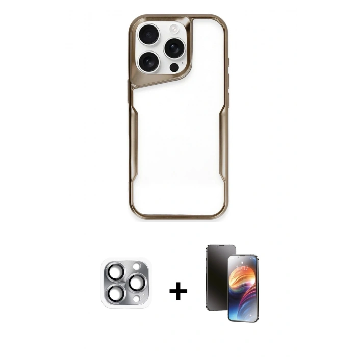MARSİLYAN™- iPhone 16 Pro Max Kılıf Akış Çizgi Koleksiyonu - Siyah 3D Antistatik Mat Seramik Nano Ekran Koruyucu + Pers Alüminyum Kamera Lens - GI