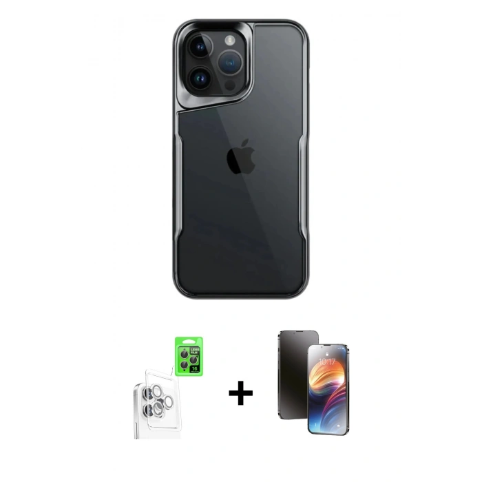 MARSİLYAN™- iPhone 16 Pro Max Kılıf Akış Çizgi Koleksiyonu - Siyah 3D Antistatik Mat Seramik Nano Ekran Koruyucu + Raze Metal Kamera Lens - BZ
