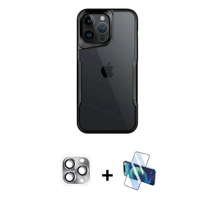 MARSİLYAN™- iPhone 16 Pro Max Kılıf Akış Çizgi Koleksiyonu - Siyah 3D Antistatik Seramik Nano Ekran Koruyucu + Pers Alüminyum Kamera Lens - GI