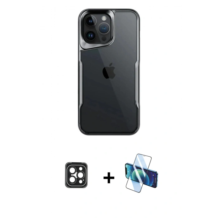 MARSİLYAN™- iPhone 16 Pro Max Kılıf Akış Çizgi Koleksiyonu - Siyah 3D Antistatik Seramik Nano Ekran Koruyucu + PVD Metal Kamera Lens - SH