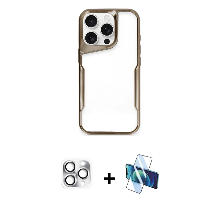 MARSİLYAN™- iPhone 16 Pro Max Kılıf Akış Çizgi Koleksiyonu - Siyah 3D Antistatik Seramik Nano Ekran Koruyucu + Gümüş Pers Alüminyum Kamera Lens