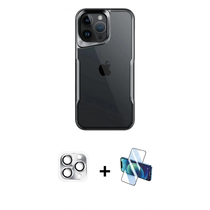 MARSİLYAN™- iPhone 16 Pro Max Kılıf Akış Çizgi Koleksiyonu - Siyah 3D Antistatik Seramik Nano Ekran Koruyucu + Gümüş Pers Alüminyum Kamera Lens
