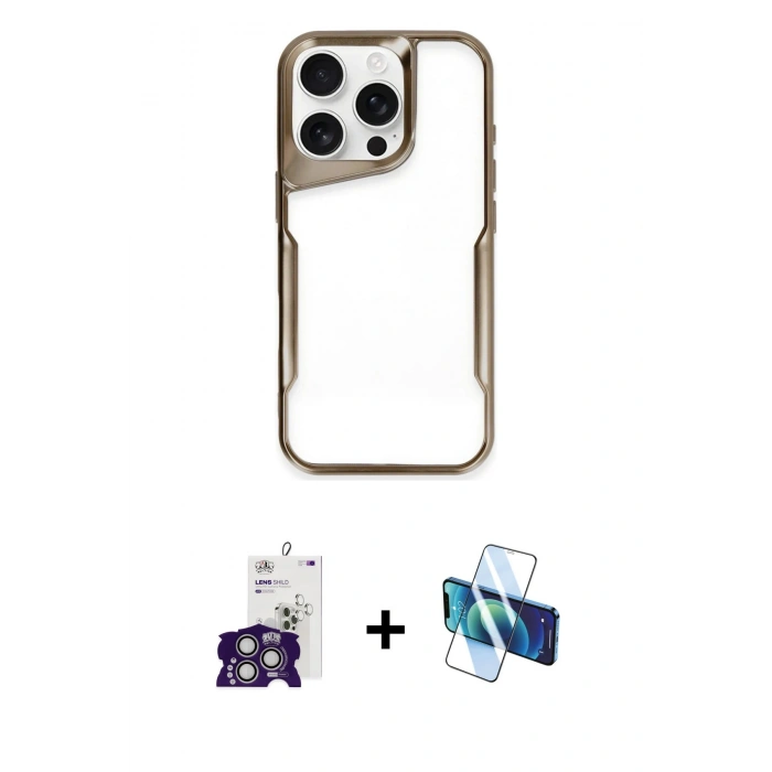 MARSİLYAN™- iPhone 16 Pro Max Kılıf Akış Çizgi Koleksiyonu - Siyah 3D Antistatik Seramik Nano Ekran Koruyucu + Gümüş Bilvis Titan Kamera Lens