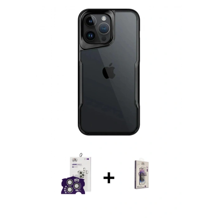 MARSİLYAN™- iPhone 16 Pro Max Kılıf Akış Çizgi Koleksiyonu - Siyah Bilvis 3D Cam Ekran Koruyucu + Bilvis Titan Kamera Lens - GS