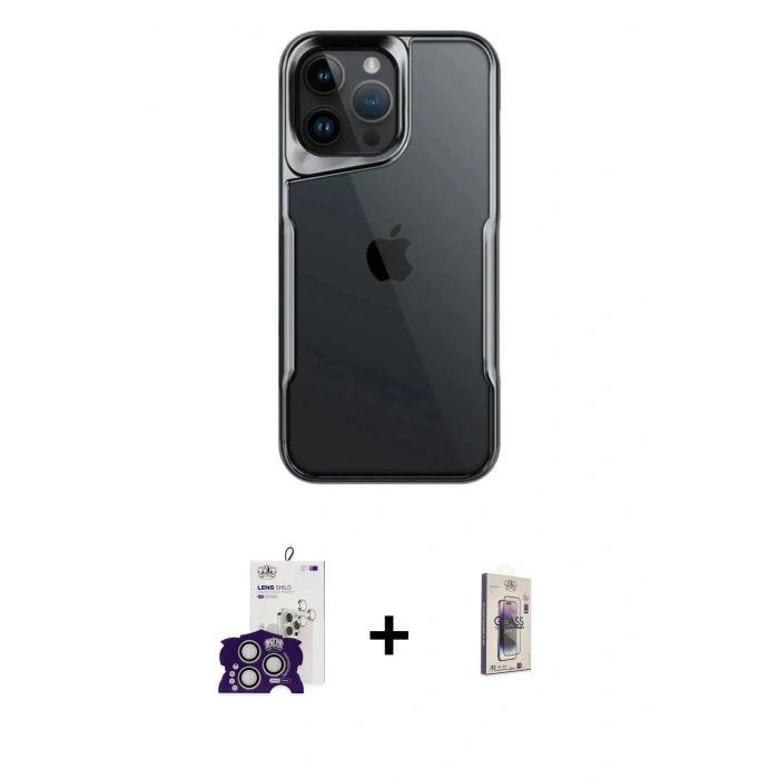 MARSİLYAN™- iPhone 16 Pro Max Kılıf Akış Çizgi Koleksiyonu - Siyah Bilvis 3D Cam Ekran Koruyucu + Bilvis Titan Kamera Lens - GS