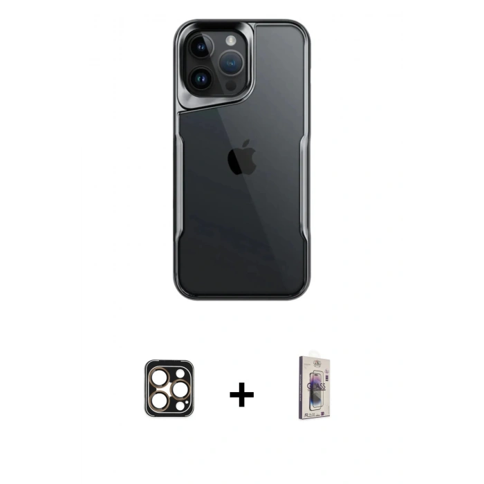 MARSİLYAN™- iPhone 16 Pro Max Kılıf Akış Çizgi Koleksiyonu - Siyah Bilvis 3D Cam Ekran Koruyucu + PVD Metal Kamera Lens - GD