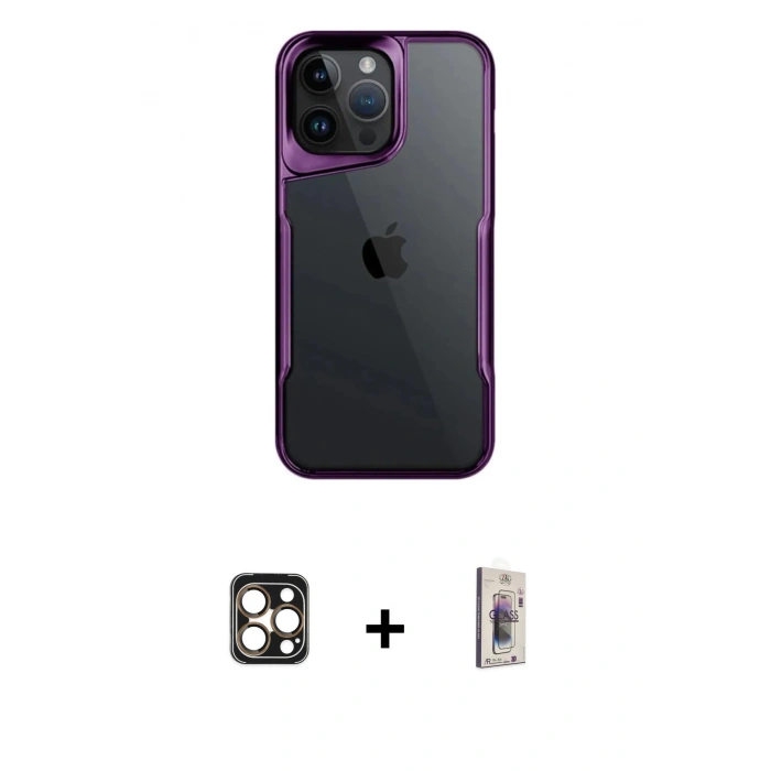MARSİLYAN™- iPhone 16 Pro Max Kılıf Akış Çizgi Koleksiyonu - Siyah Bilvis 3D Cam Ekran Koruyucu + PVD Metal Kamera Lens - GD