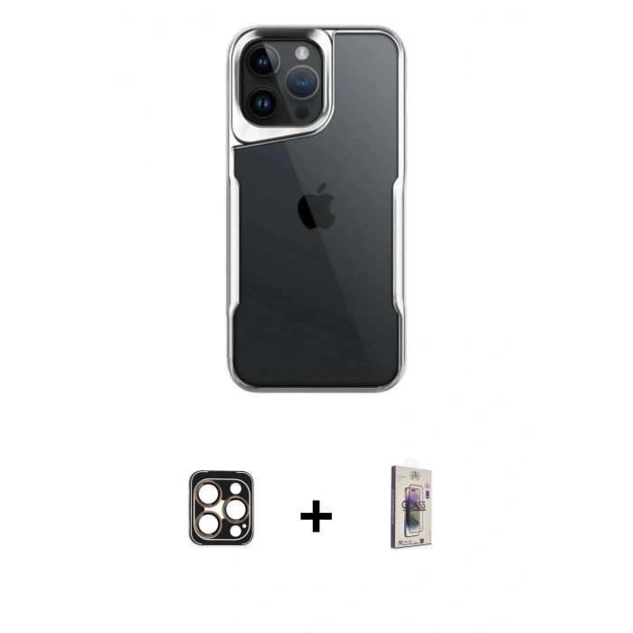 MARSİLYAN™- iPhone 16 Pro Max Kılıf Akış Çizgi Koleksiyonu - Siyah Bilvis 3D Cam Ekran Koruyucu + PVD Metal Kamera Lens - GD