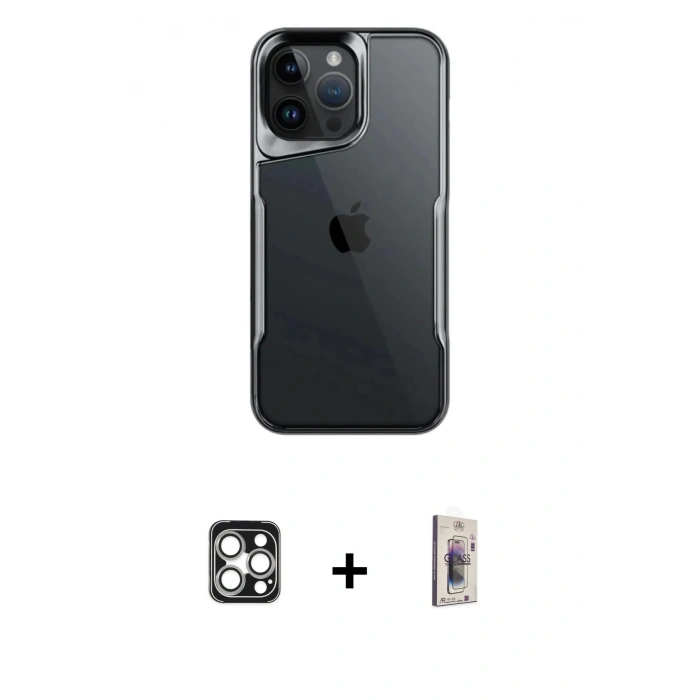 MARSİLYAN™- iPhone 16 Pro Max Kılıf Akış Çizgi Koleksiyonu - Siyah Bilvis 3D Cam Ekran Koruyucu + PVD Metal Kamera Lens - GS