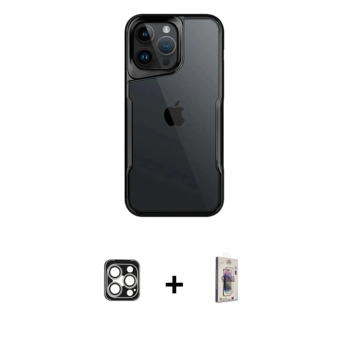 MARSİLYAN™- iPhone 16 Pro Max Kılıf Akış Çizgi Koleksiyonu - Siyah Bilvis 3D Cam Ekran Koruyucu + PVD Metal Kamera Lens - GS