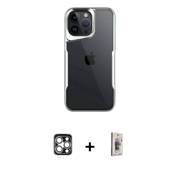 MARSİLYAN™- iPhone 16 Pro Max Kılıf Akış Çizgi Koleksiyonu - Siyah Bilvis 3D Cam Ekran Koruyucu + PVD Metal Kamera Lens - GS